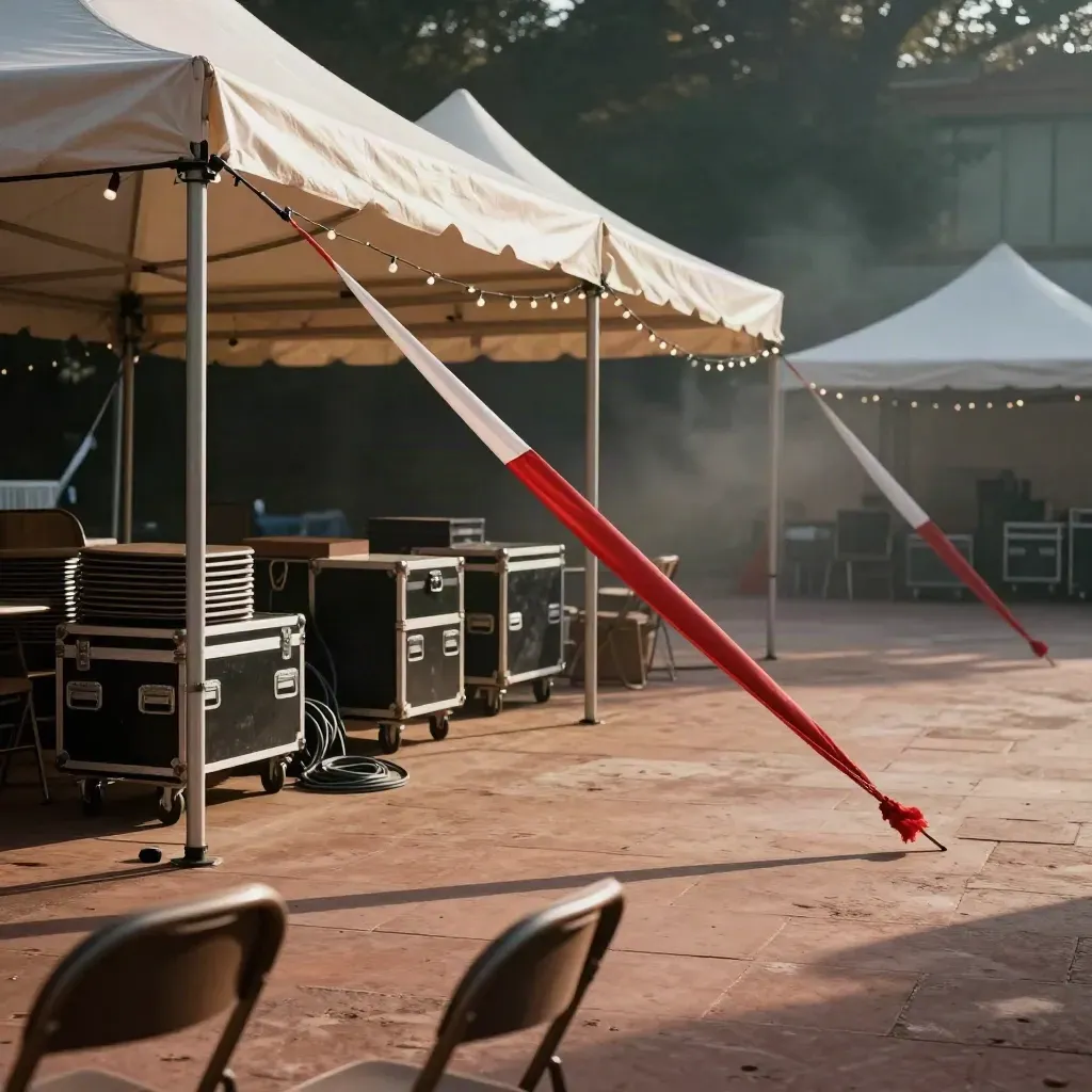 Abendliche Vorbereitung eines Charity-Events auf einem Platz mit Zelten, Stühlen und Bühnenkisten.