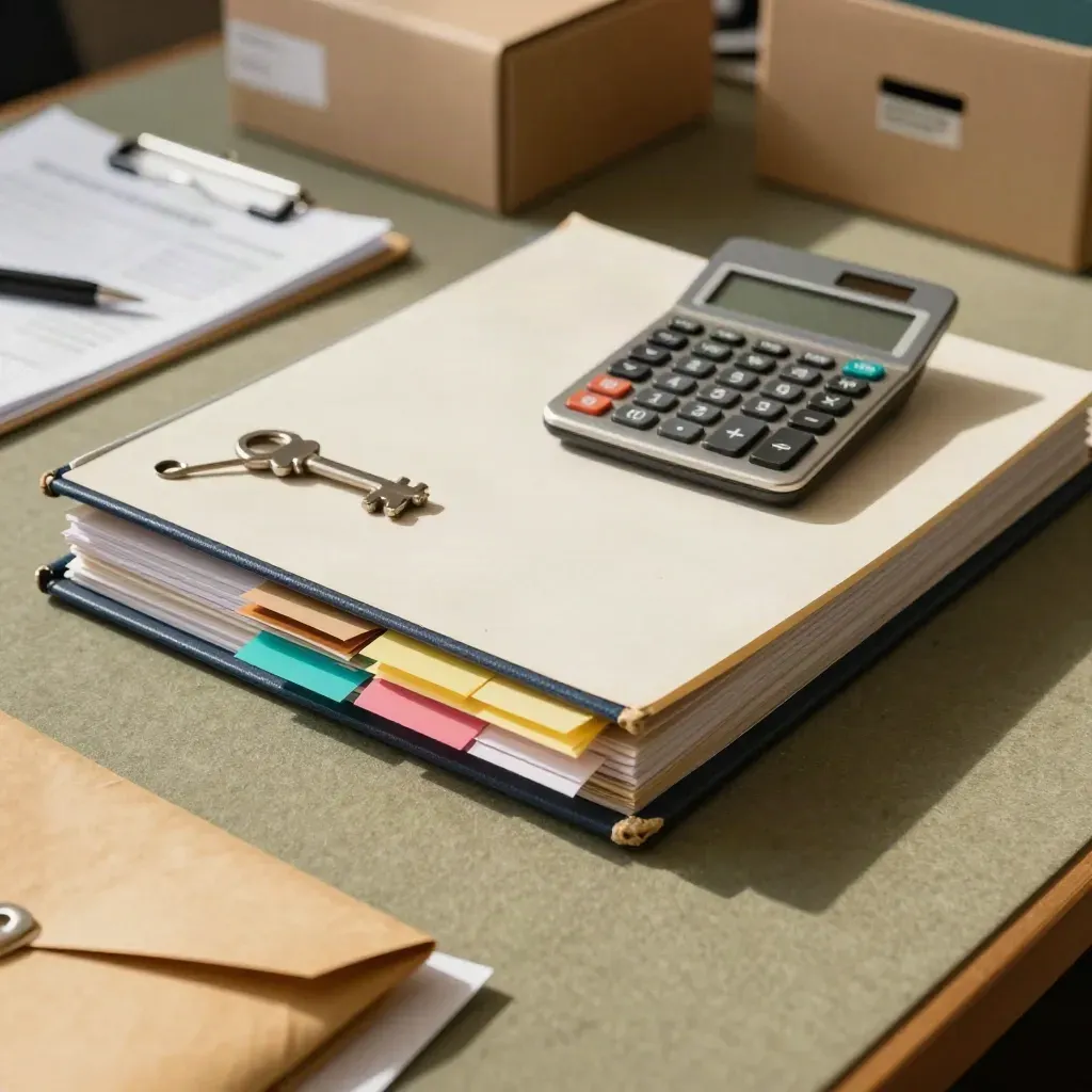 Geschlossene Aktenmappe, Taschenrechner, Briefstapel und bunte Register auf Prüfungsfläche
